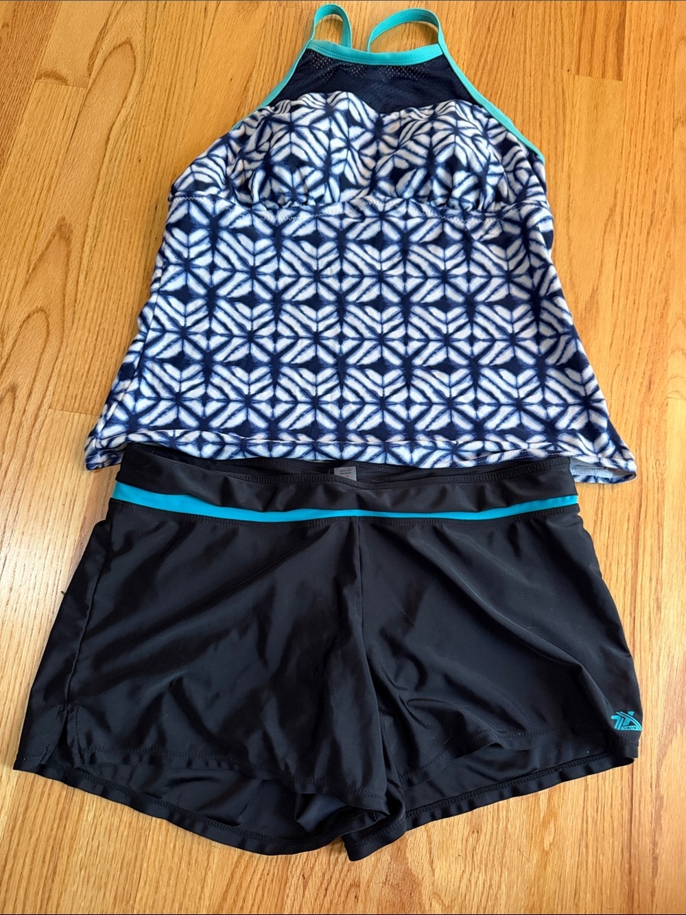 ZeroXposur Blue Patterned Tankini with Black Swim Shorts